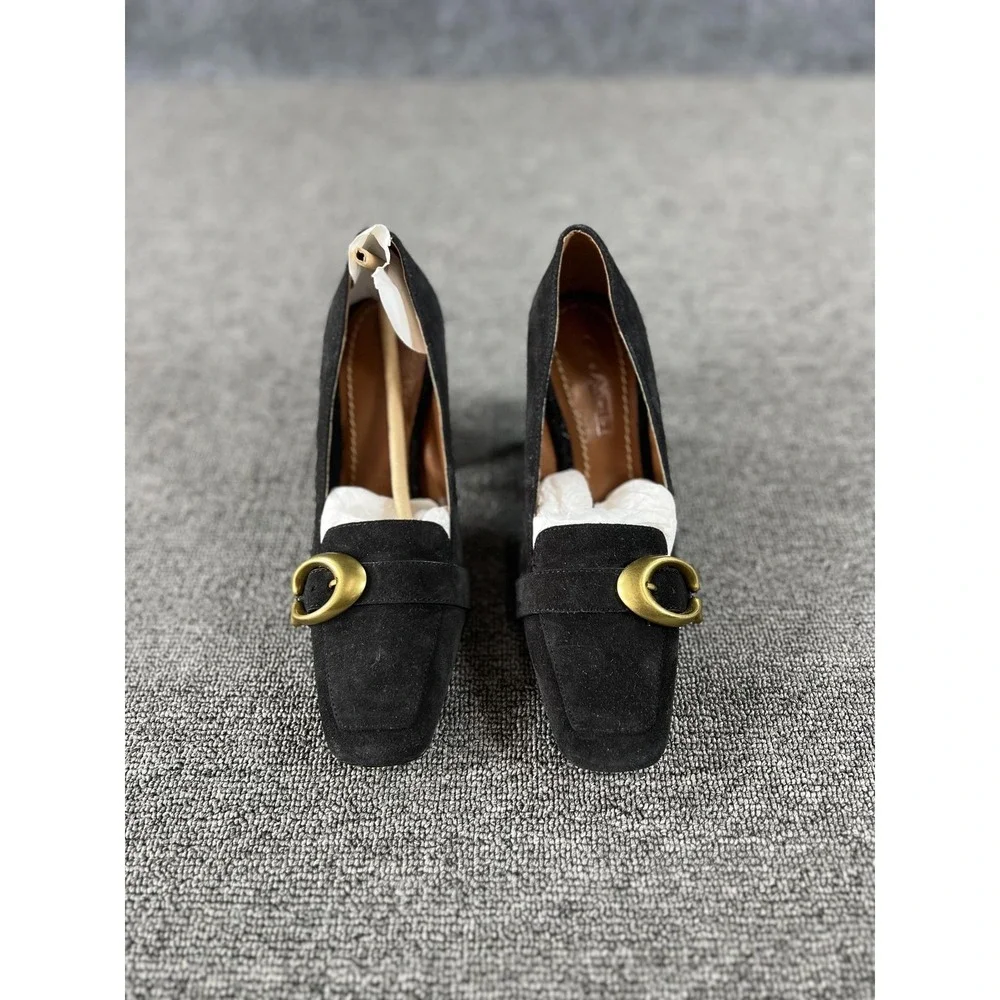Coach Heels Womens 5 Black Suede Block Heel‎ Buckle Square Toe Pump G2391